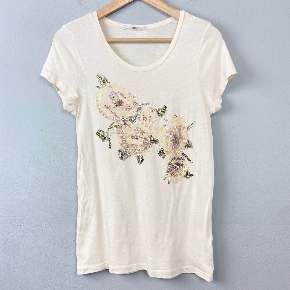 J.Crew Beaded‎ Floral Sequin Embellished T Shirt Top Size M Y2K Fairy Baby Tee